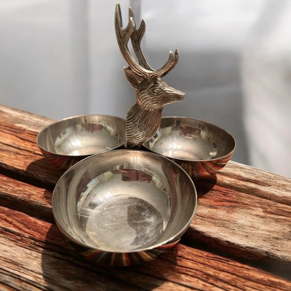 Vintage Deer Stag Triple Bowl Candy Dish Metal‎ Serving Tray